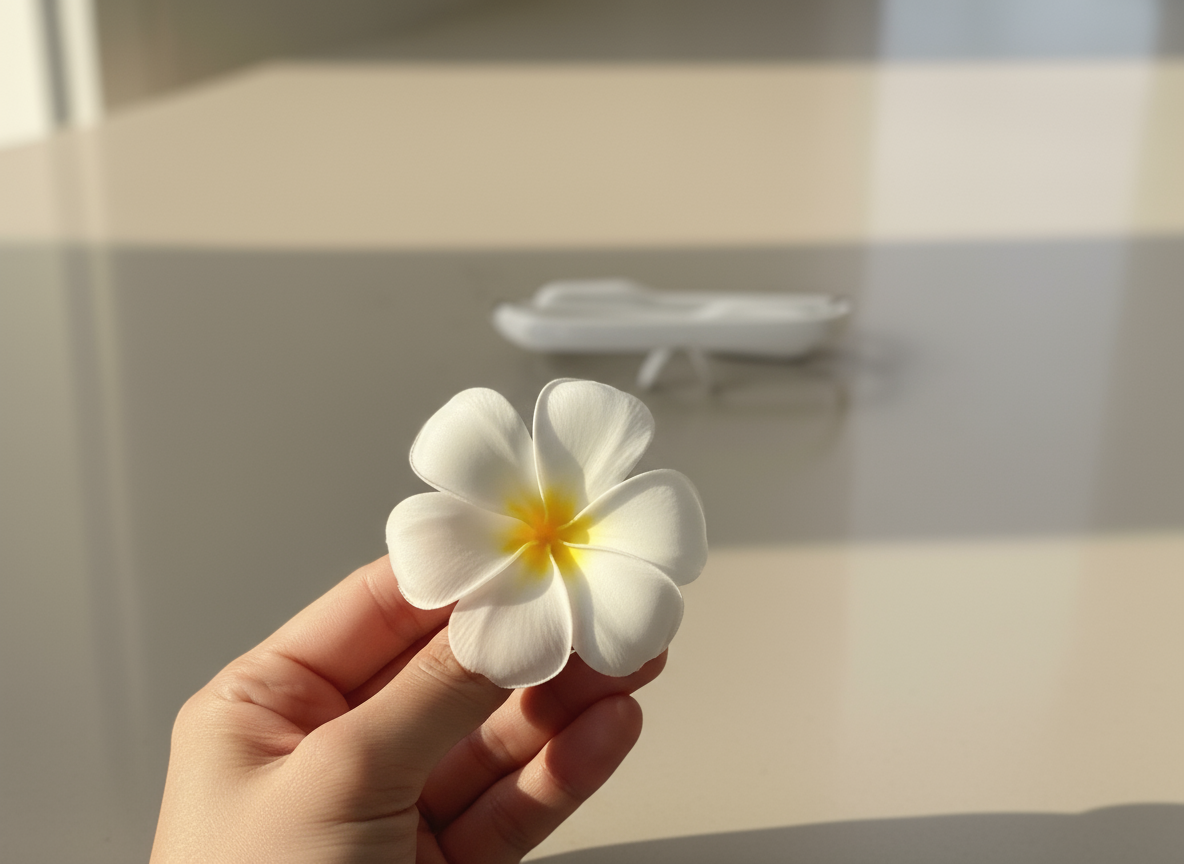 Hand holding a white plumeria flower in soft morning light, with blurred LUNO Vision glasses in the background — symbol of calm and natural balance.