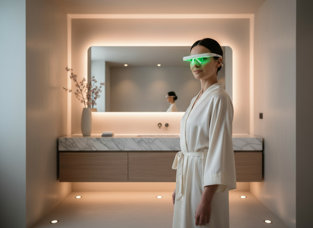 Woman wearing LUNO Vision smart glasses with green light therapy in a minimalist spa bathroom.